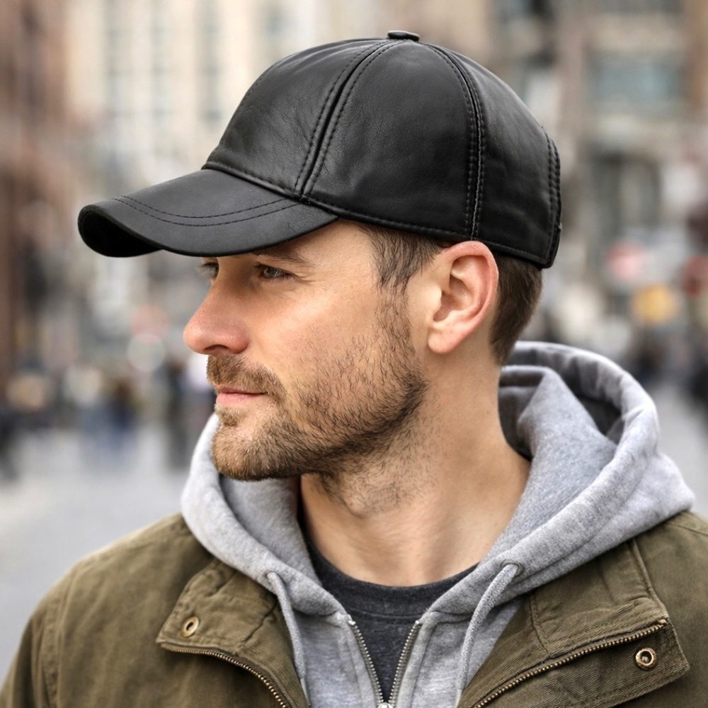 Leather Dark Espresso Baseball Cap for men Real Lamb Leather Hat Sports Visor